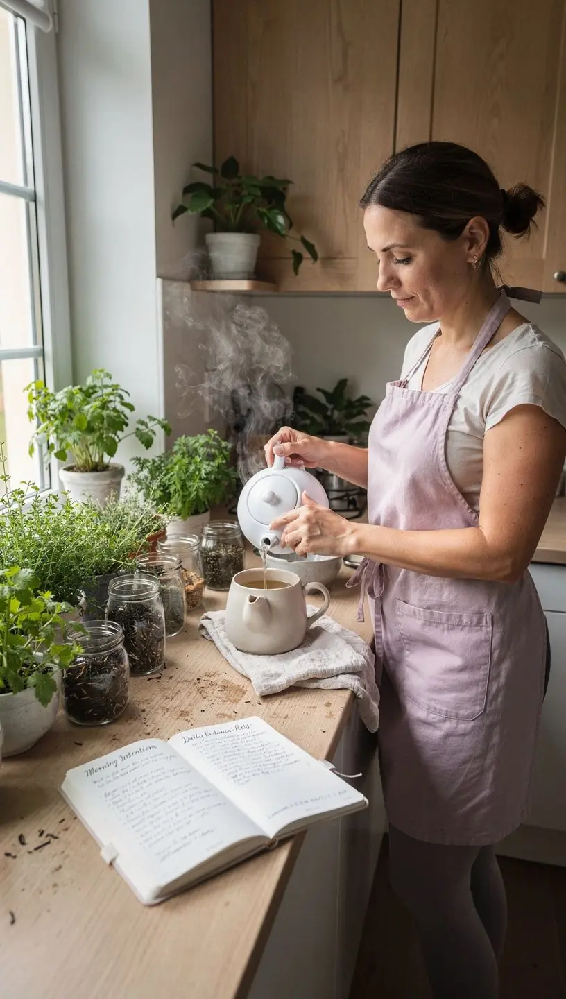 Jauki arbatos ir žurnalo aplinka, skatinanti sveikus kasdienius įpročius.