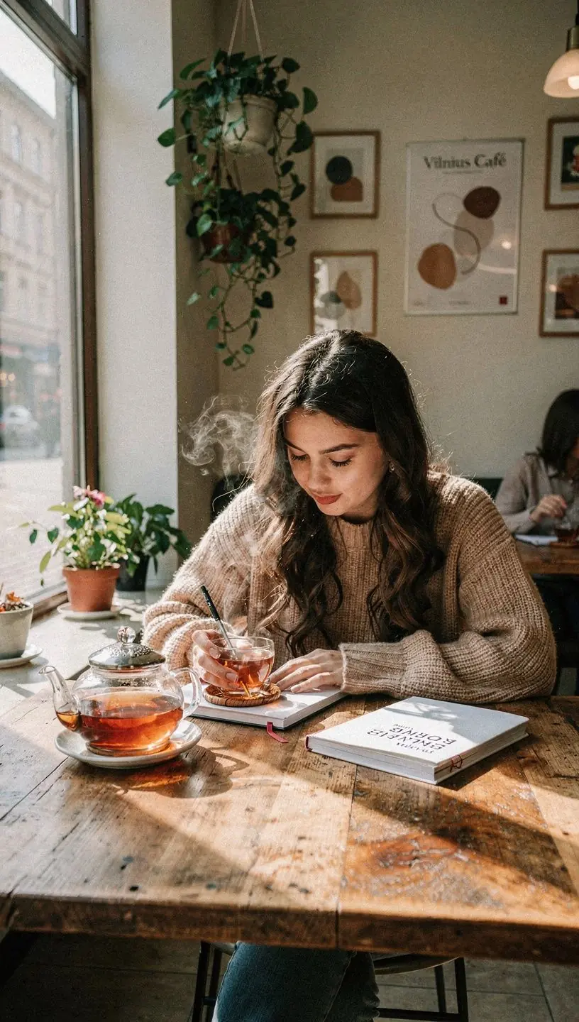 Šilta arbatos puodelio nuotrauka ant darbo stalo su atviru dienoraščiu, skirta ramiems ir sąmoningiems kasdieniams pertraukėliams.